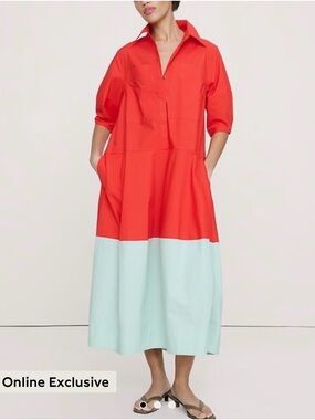 NWT Banana Republic Colorblock Red and Light Blue Midi Shirt Dress 💕